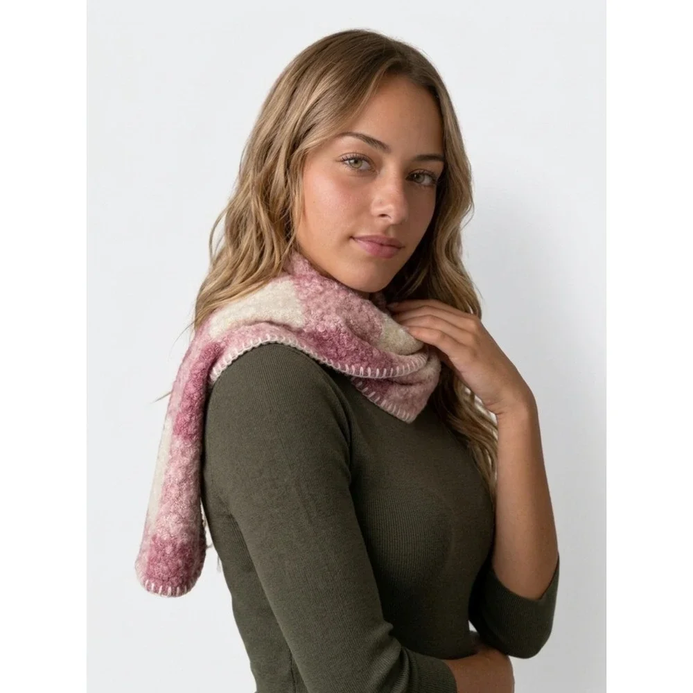 Melrose and Market Pink Ivory Plaid Boucle Scarf Blanket Stitch One Size NWT